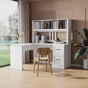 59 in. L-Shape Antiqued White Wood Home Office Desk Computer Desk Corner Writing Desk Bookshelf with Drawers and Hutch