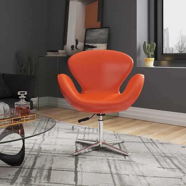 Manhattan Comfort Raspberry Modern Tangerine and Polished Chrome Faux Leather Upholstered Accent Arm Chair with Swivel