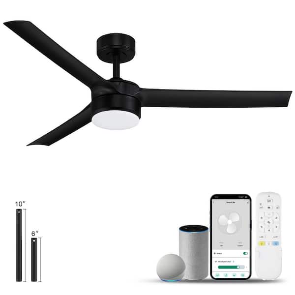 52 in. Smart Indoor/Outdoor Black Ceiling Fans with LED Lights and Remote, Quiet DC Motor, Controlled by WIFI Alexa App