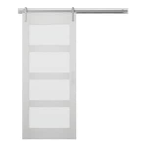 36 in. x 84 in. 4 Lite Full Frosted Glass White MDF Sliding Barn Door with Hardware Kit