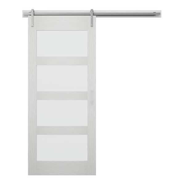 Twin Star Home 36 in. x 84 in. 4 Lite Full Frosted Glass White MDF Sliding Barn Door with Hardware Kit