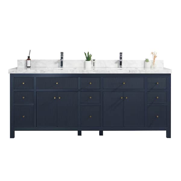 Willow Collections Sonoma 84 in. W x 22 in. D x 36 in. H Double Sink Bath Vanity in Navy Blue with 2 in Carrara Marble Vanity Top