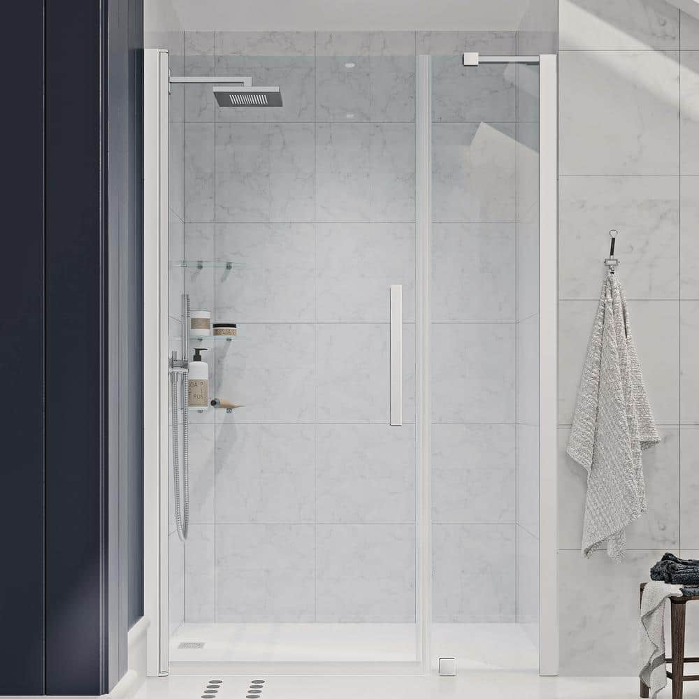 OVE Decors Pasadena 45-3/8 in. W x 72 in. H Pivot Frameless Shower Door in Chrome with Shelves