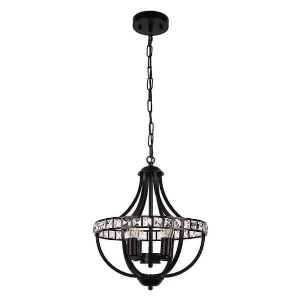 4-Light Modern Matte Black Branch Chandelier with Crystal Accents, E12 Base, Adjustable Chain for Dining and Living Room