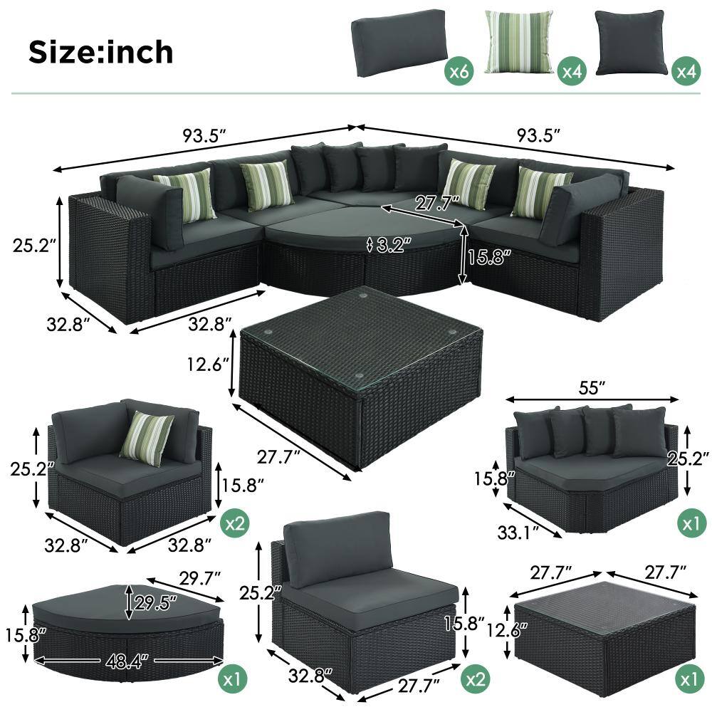 Sizing chart showing dimensions for the 7-piece wicker outdoor sofa set.