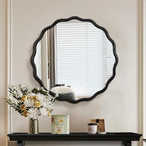 31 in. W x 31 in. H Round Framed Floating Wall Bathroom Vanity Mirror in Black Finished Solid Wood