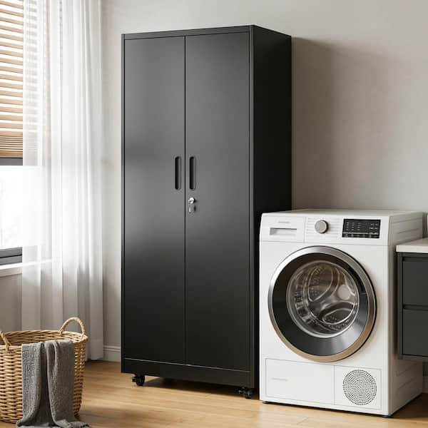 Black 71 in H Steel Storage Cabinet with Lockable Doors Freestanding Wardrobe for Home, Office, School, Employee, Gym
