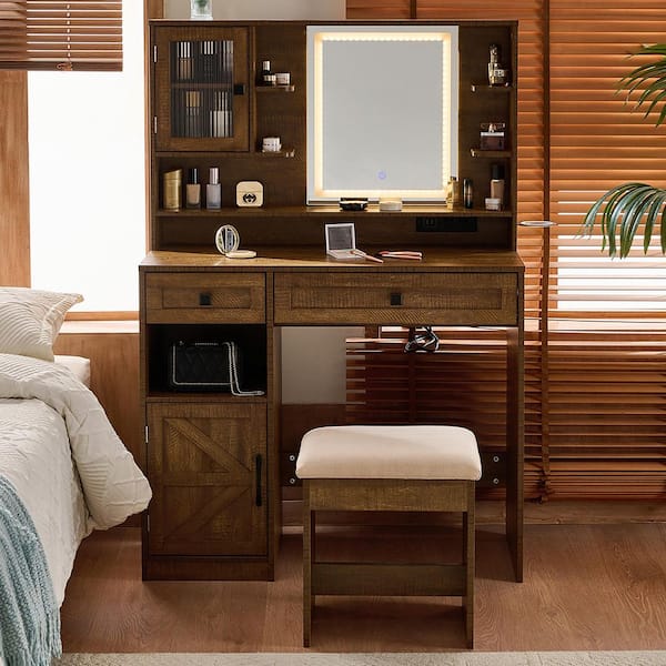 Rustic Brown Makeup Vanity Set with Stool, Drawers and Charging Station