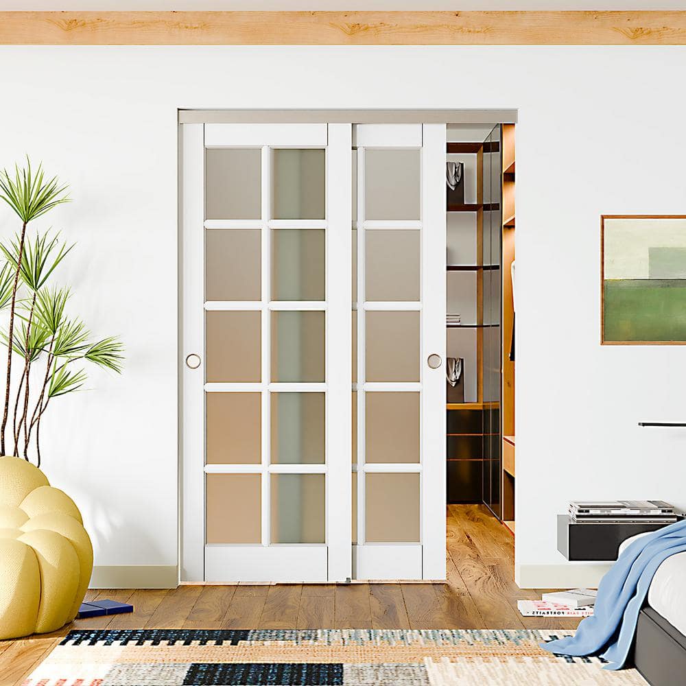 TENONER 60 in. x 80 in. White, Solid Core, MDF Painted Double 10-Lite Frosted Glass Bypass Sliding Door with Aluminum Hardware, image size:1000x1000