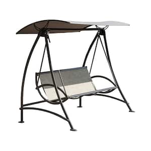 Outdoor 3-Person Brown Metal Patio Swing Chair with Adjustable Canopy and Durable Steel Frame