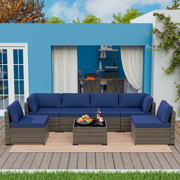 7-Piece Wicker Outdoor Patio Sectional Sofa Conversation Set with Blue Cushions