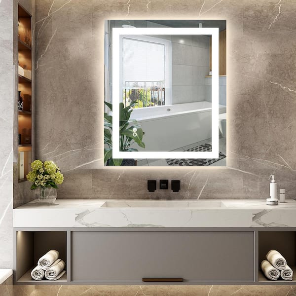 WELLFOR 36 in. W x 30 in. H Rectangular Frameless Dimmable Anti-Fog Wall Bathroom Vanity Mirror in White