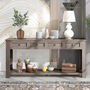 63 in. Gray Wash Rustic Wood Rectangle Console Table for Entryway Hallway, Sofa Table with 4-Drawers and 1-Bottom Shelf