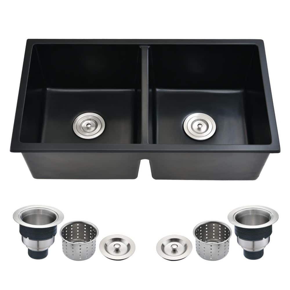 32 in. Undermount Double Bowl Granite Composite Black Kitchen Sink with Basket Strainer durable construction price history on PriceWatchPro