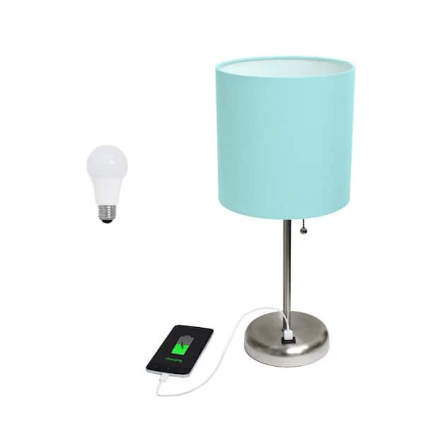 Creekwood home 19.5 in. Contemporary Bedside USB Port Base Standard Metal Table Desk Lamp in Brushed Steel, Aqua Shade, with LED Bulb