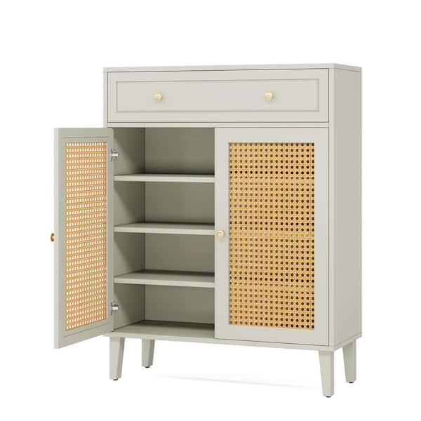 43.7 in. H x 31.49 in. W Green Wooden Shoe Storage Cabinet with Rattan Doors, 16-Pairs of Shoes