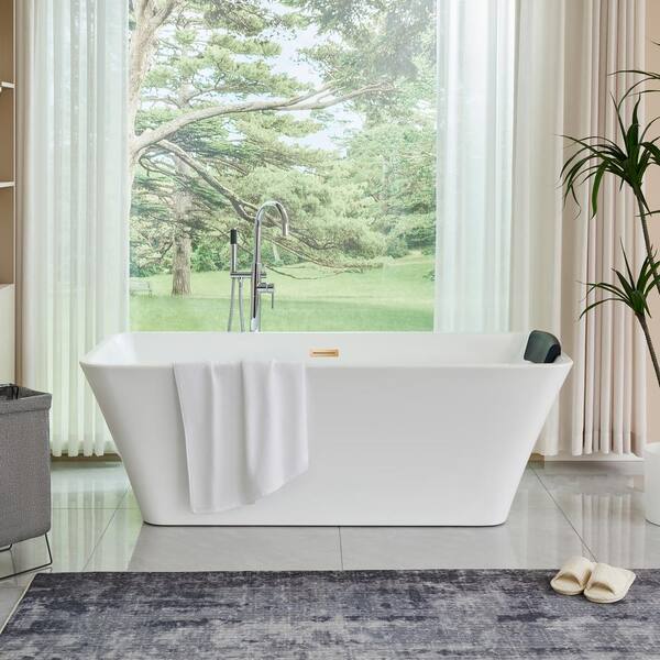 Vanity Art Nantes 67 in. x 30 in. Acrylic Freestanding Soaking Bathtub with Center Drain in White/Titanium Gold