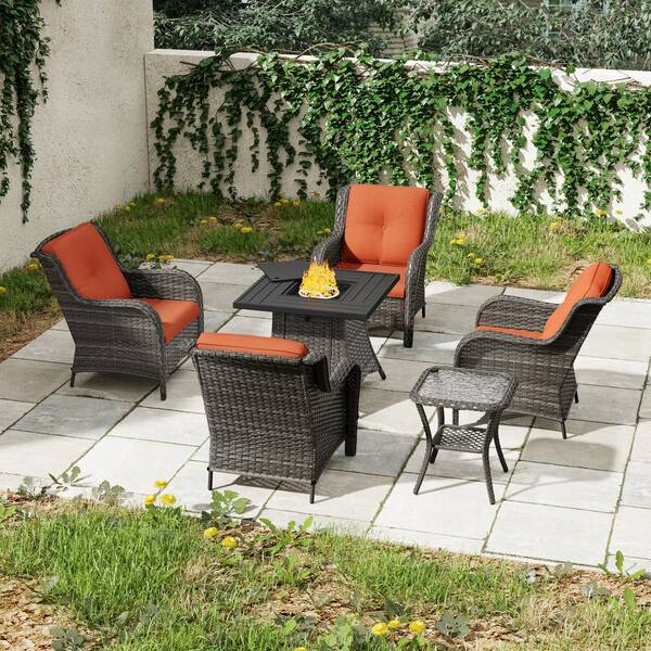 Gardenbee 6-Piece Patio Wicker Outdoor Lounge Chair Set with Orange Cushions, Rectangular Fire Pit Table and Side Table