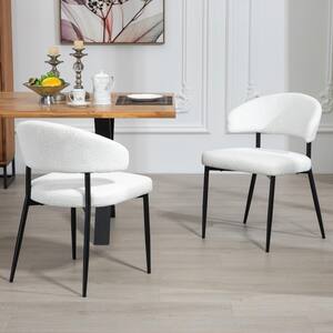 Ayoka Boucle Fabric with Black Iron Legs Dining Chair in White Set of 2-Included