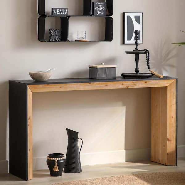 59 in. Black and Natural Rectangle Wooden Console Table