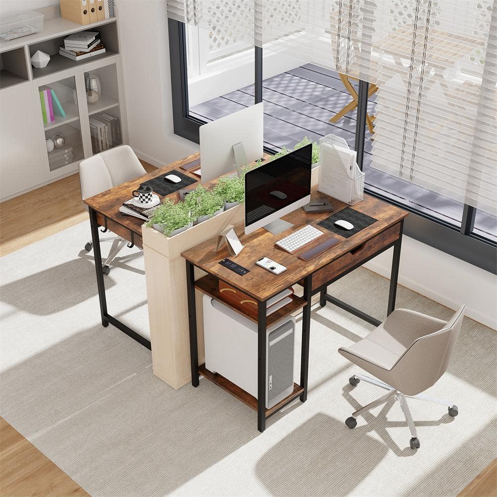 HONEY JOY 40 in. Brown Wood 1 in. Drawer Computer Desk with Adjustable Shelf Headphone Hooks TOPB008022 The Home Depot