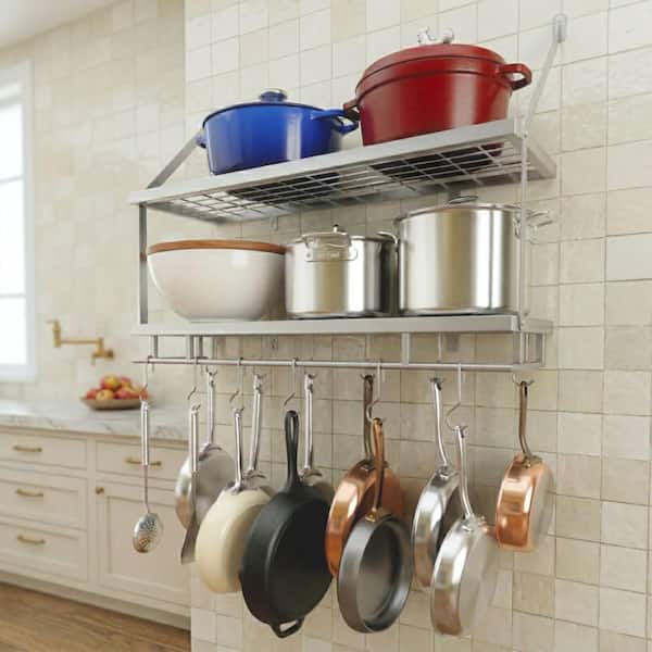 Silver Gray 30 in. Wall Mount Rectangular Pot Rack for Kitchen 2-Tier with 12 Hooks