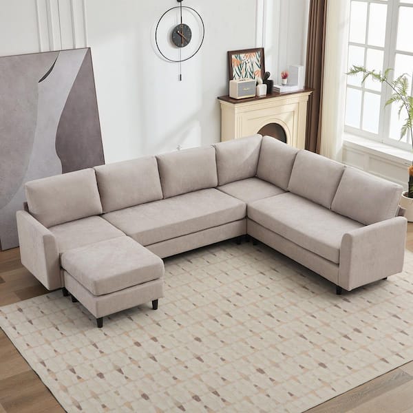 JEAREY 107.3 in. Width Convertible Large U-Shaped Fabric Sofa Couch, Large 7-Seater Sectional Sofa with 1 Ottoman in. Gray