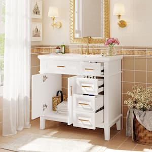 36 in. W Single Sink Freestanding Bath Vanity in White with White Resin Top and 4 Drawers, Soft Close Doors