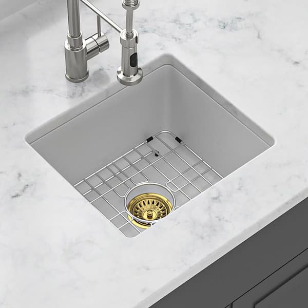 18 in. Undermount Single Bowl White Quartz Kitchen Sink with Bottom Grids