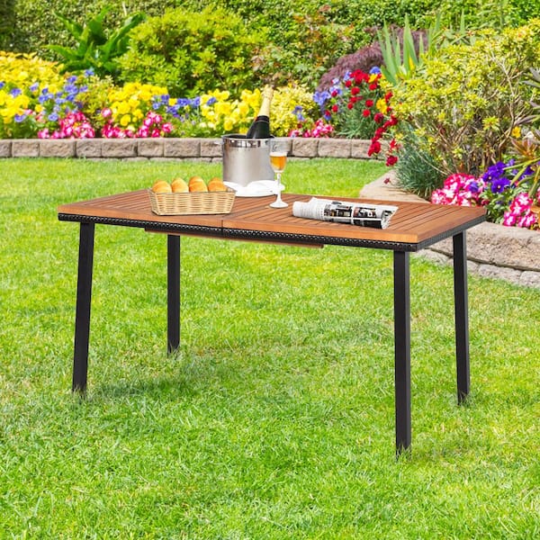 Rectangle Patio Outdoor Dining Table Acacia Wood Tabletop W 2 Umbrella Hole Gym07391 The Home Depot - Acacia Wood Outdoor Dining Table Patio With Umbrella Hole