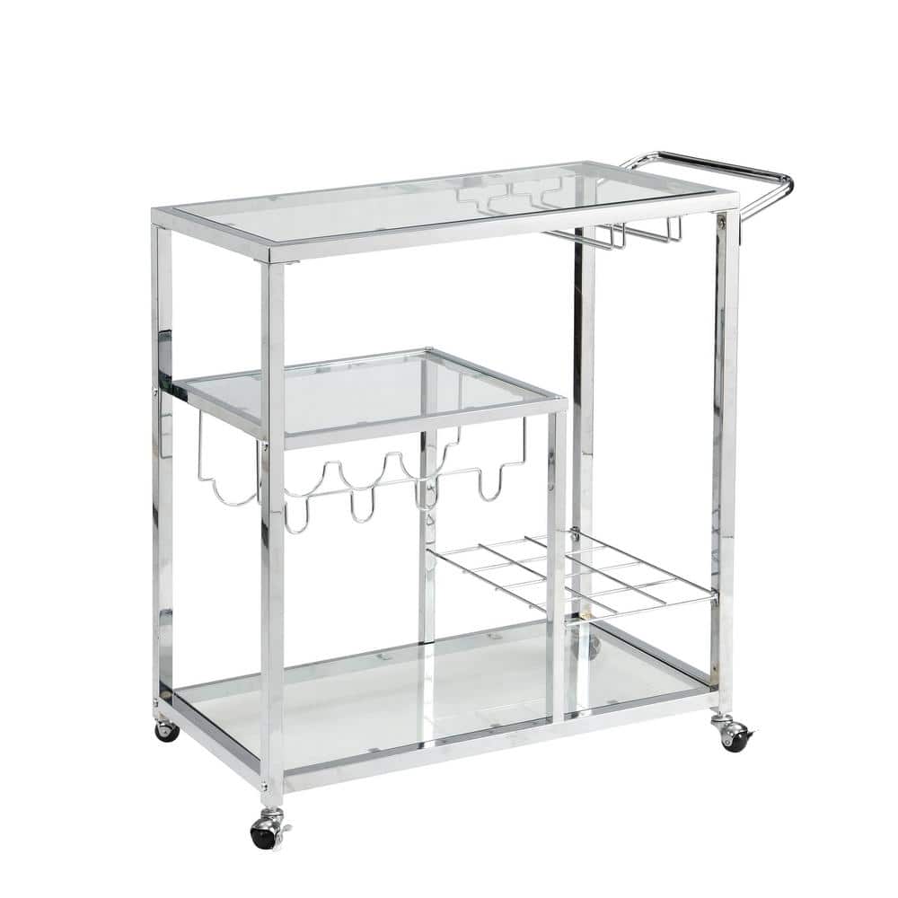 Tatahance Chrome Tempered Glass Metal Frame Kitchen Cart with Wheels