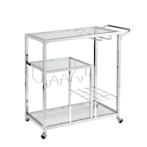 Chrome Tempered Glass Metal Frame Kitchen Cart with Wheels and Wine Rack (3-Tier)