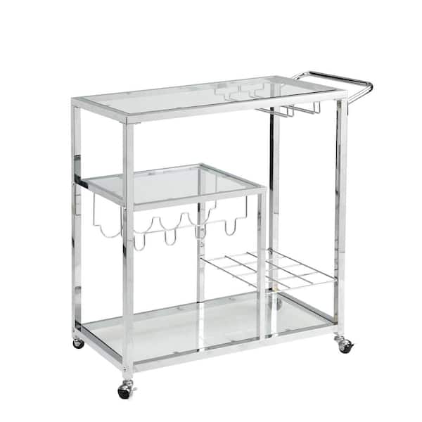 Tatahance Chrome Tempered Glass Metal Frame Kitchen Cart with Wheels and Wine Rack (3-Tier)