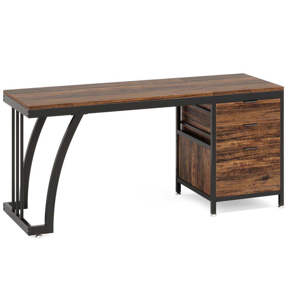 Havrvin 59 in. Rectangular Rustic Brown and Black 3-Drawer Computer Desk with File Storage for Home Office