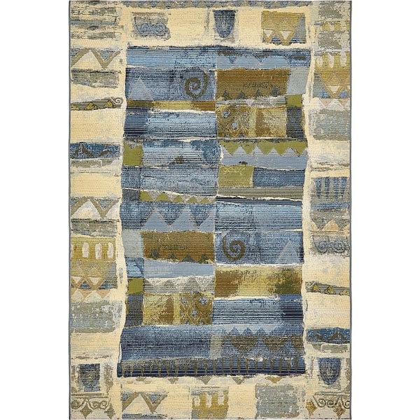 Unique Loom Outdoor Glyph Blue 5' 3 x 8' 0 Area Rug