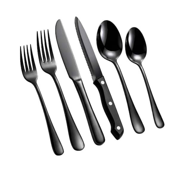 48-Piece Black 18/0 Stainless Steel Flatware Set (Service for 8), Mirror Polished Cutlery Set, Dishwasher Safe