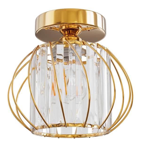 7 in. 1-Light Modern Crystal Semi Flush Mount Ceiling Light，Gold Cage Design for Hallway, Entryway, or Bedroom