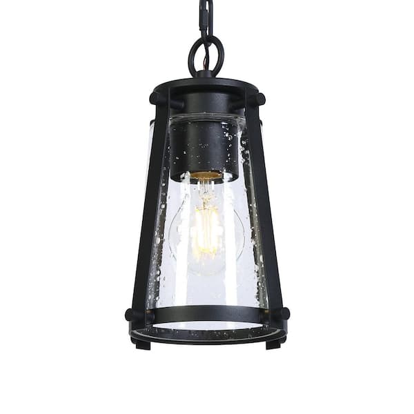 9.7 in. 1-Light Black Outdoor Lantern Pendant Light with Seeded Glass