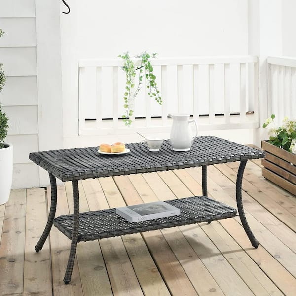 Gray Outdoor Full-Woven Wicker Patio Coffee Table