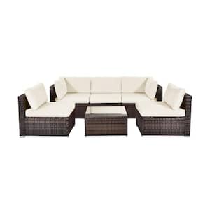 6-Piece Wicker Patio Conversation Set Rattan with White Cushions and Glass Coffee Table