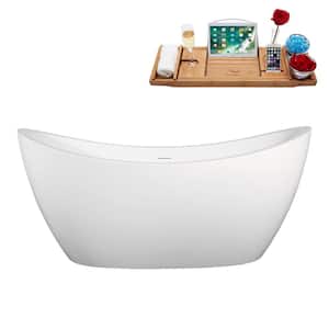 67 in. x 33 in. Acrylic Freestanding Soaking Bathtub in Matte White with Glossy White Drain, Bamboo Tray