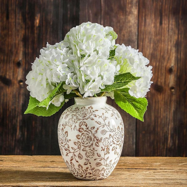 7.9 in. Brown Round Ceramic Retro Floral Vases Rustic Decorative Vase LSK2VN5