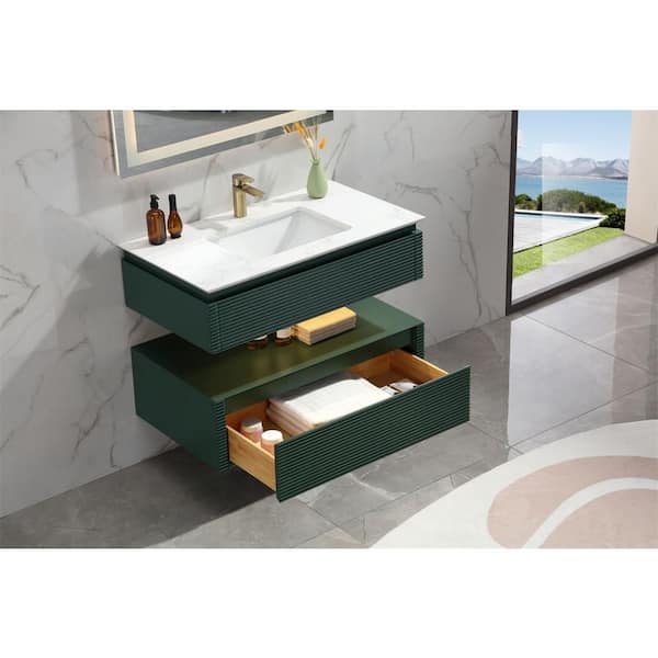 ANGELES HOME 36 in. W x 29.60 in. D x 20.80 in. H Floating Bath Vanity in Green, Single Sink, Drawer, White Cultured Marble Top