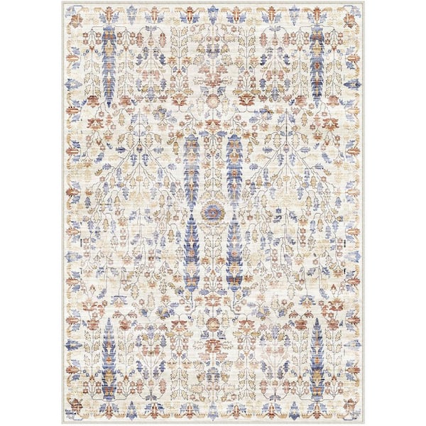 Ivy Blue/Orange 9 ft. x 12 ft. Washable Vintage Floral Area Rug