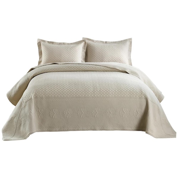 TM Beige Khaki Fish Scale Embroidery King Size Cotton Oversized Bedspread Set Coverlet Set Lightweight Quilt Set