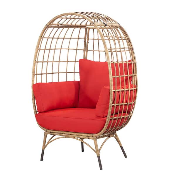 MEOOEM Patio 40 in. W Egg Chair with Red Cushions, Backyard Indoor Outdoor Lounge Chairs (Khaki Wicker Wraped Iron Frame)