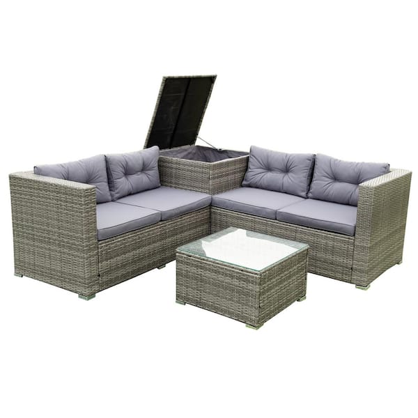 4 Piece Patio Sectional Wicker Rattan, Outdoor Furniture Cushion Storage Home Depot