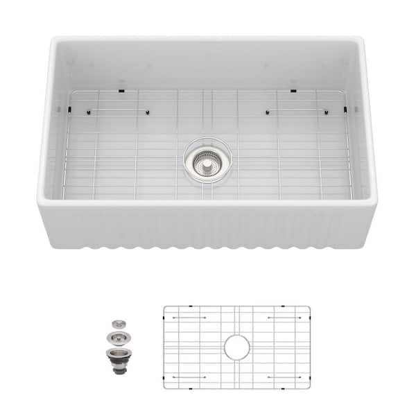 30 in. Apron-Front Single Bowl White Porcelain Ceramic Kitchen Farmhouse Sink with Stainless Steel Drain and Grid