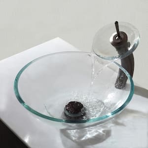 Single-Handle Waterfall Bathroom Vessel Sink Faucet in Oil Rubbed Bronze with Glass Disk in Clear