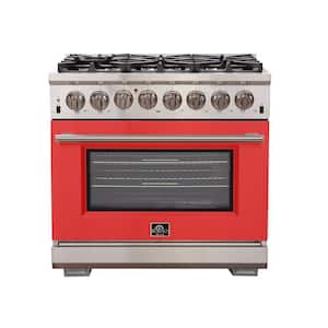 Capriasca 36 in. 5.36 cu. ft. Gas Range with 6 Burners and Electric 240-Volt Oven in. Stainless Steel with Red Door